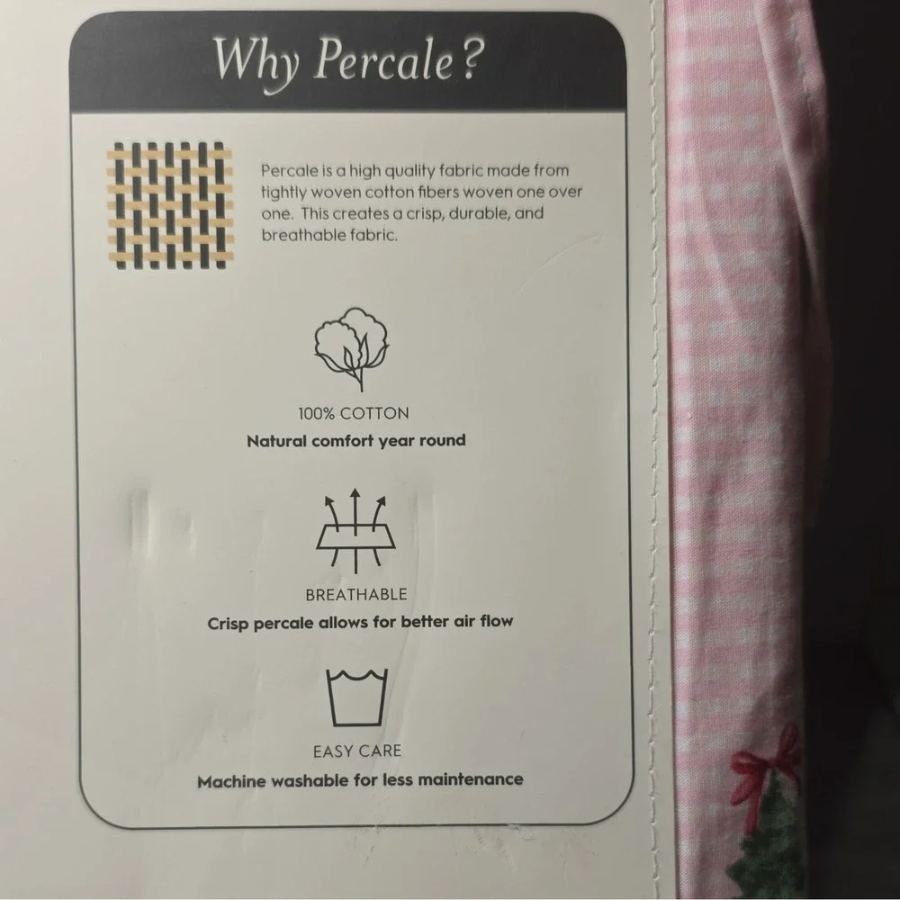 Laura Ashley 100% Cotton Percale Twin Sheet Set Pink Gingham Christmas